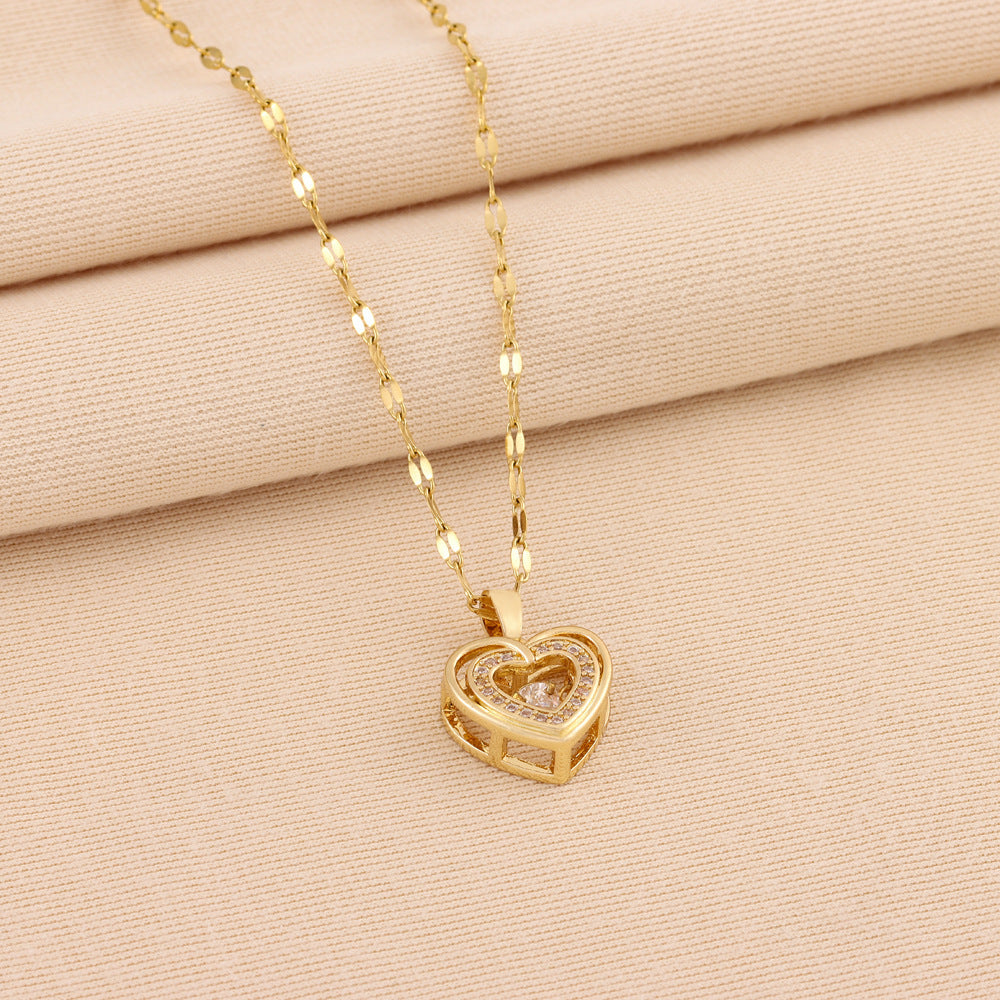 Double-layer Love Necklace With Rhinestones Titanium Steel Pendant Fashion Jewelry Woman Valentines Day Gift - Tatum Cristal