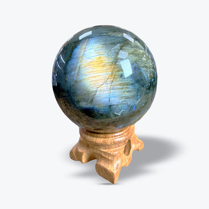 Sphère en Labradorite Naturelle polie sur socle bois – 5 à 8,5 cm – Madagascar - Pièce unique