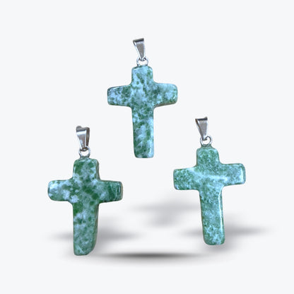 Pendentif Croix en Pierre Naturelle Polie, 15 pierres au choix, bélière et chaîne | 1,8x2,5x4cm