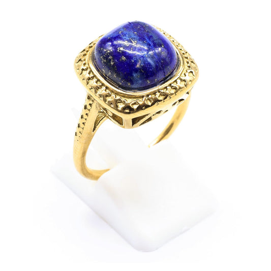 Bague chevalière dorée en acier inoxydable sertie d'un lapis lazuli bleu en forme de coussin
