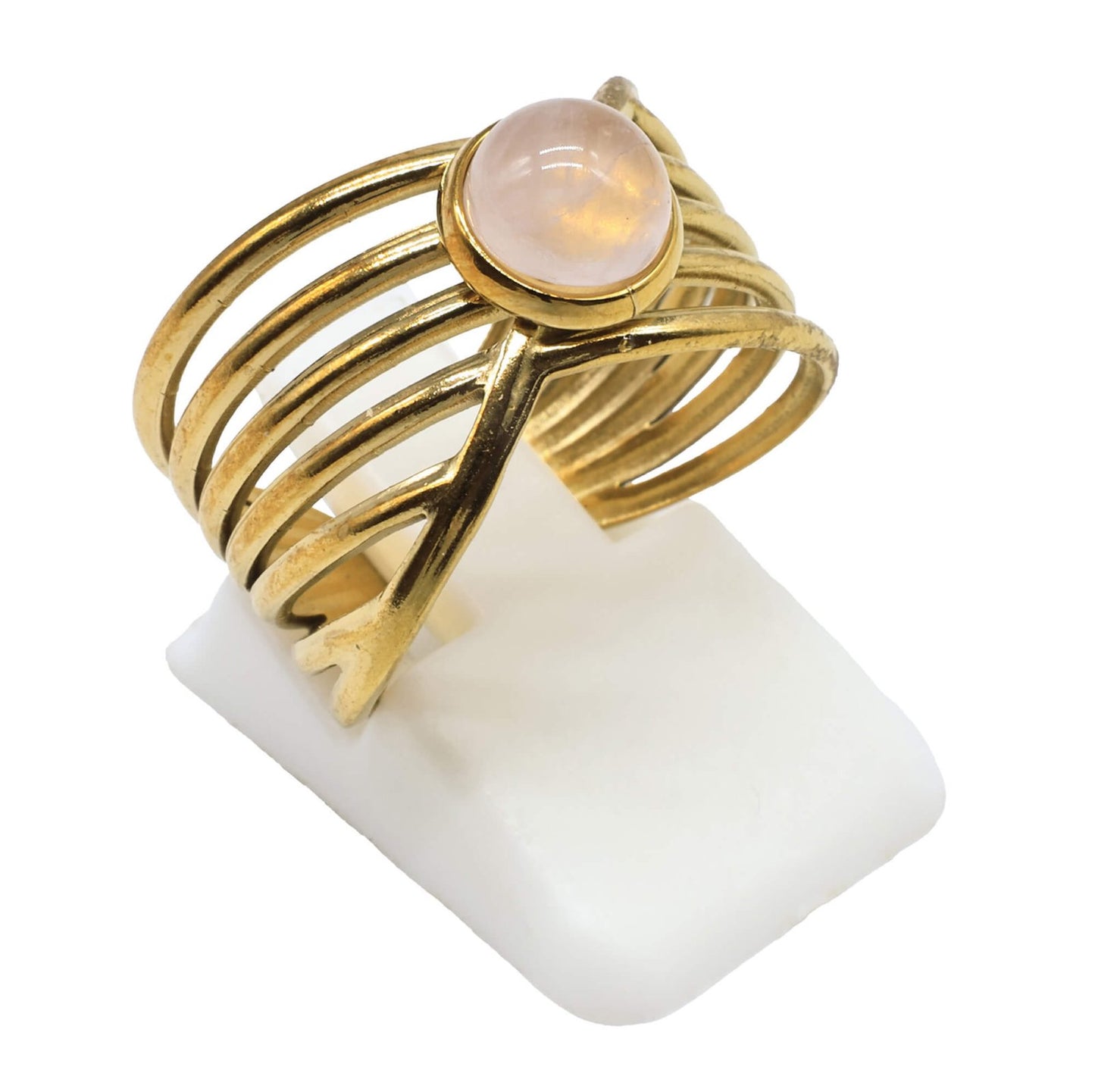 Bague Inox Pince Dorée Quartz Rose