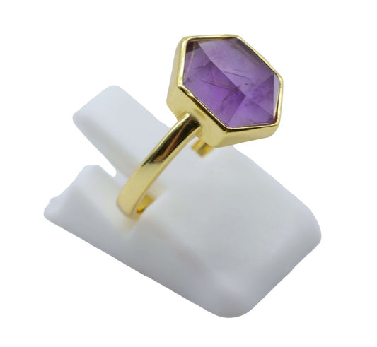 Bague Argent 925 Améthyste Hexagonale — Plaqué Or