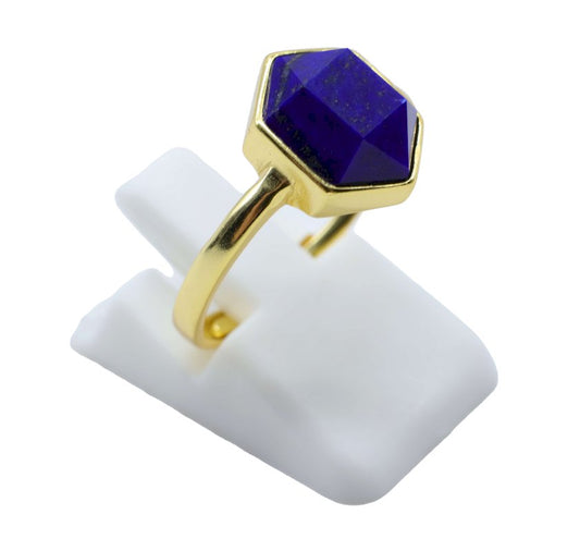 Bague Argent 925 Lapis Lazuli Hexagonale — Plaqué Or