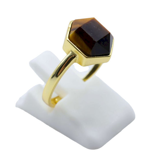 Bague Argent 925 Oeil de Tigre Hexagonale — Plaqué Or