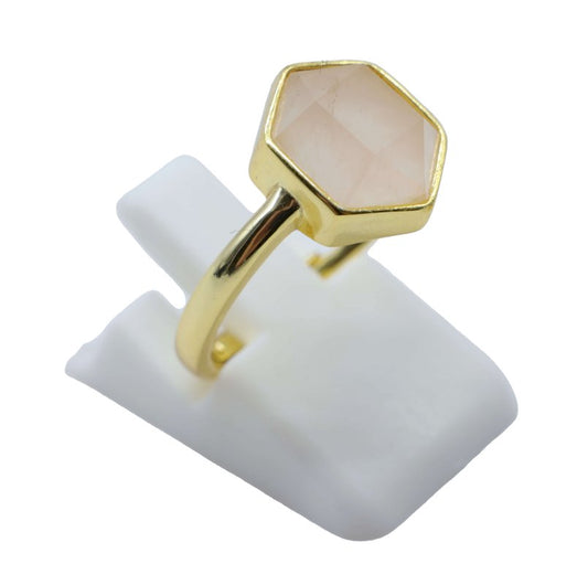 Bague Argent 925 Quartz Rose Hexagonale — Plaqué Or