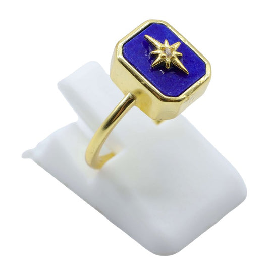 Bague Argent 925 Lapis Lazuli Rectangle + Charme — Plaqué Or
