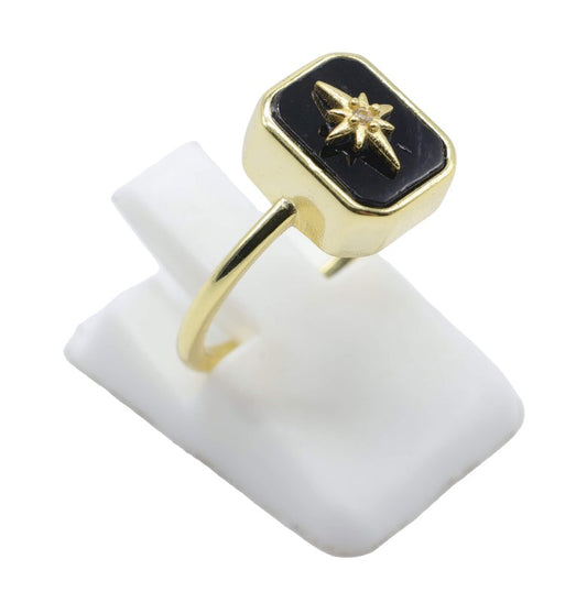 Bague Argent 925 Onyx Rectangle + Charme — Plaqué Or