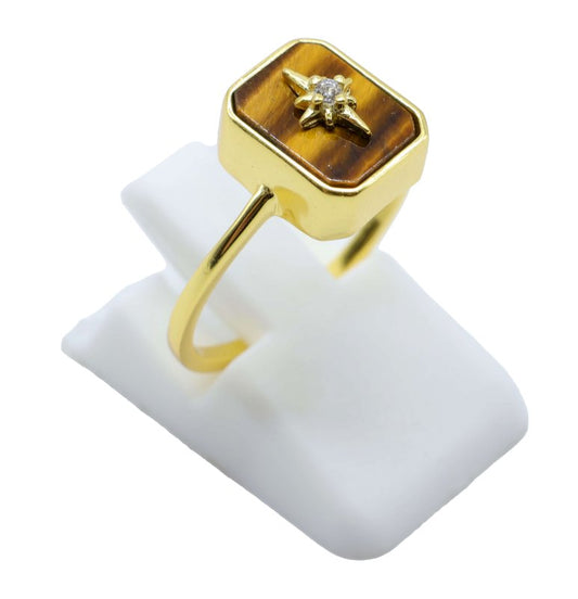 Bague Argent 925 Oeil de Tigre Rectangle + Charme — Plaqué Or