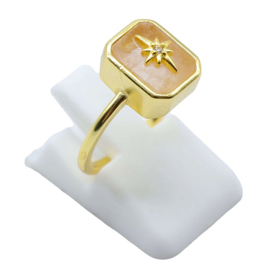 Bague Argent 925 Quartz Rose Rectangle + Charme — Plaqué Or