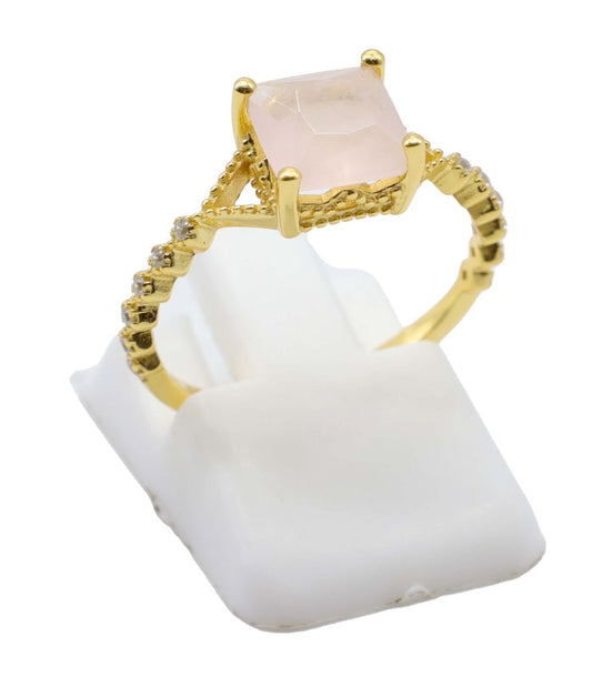 Bague Argent 925 Quartz Rose Carrée — Plaqué Or