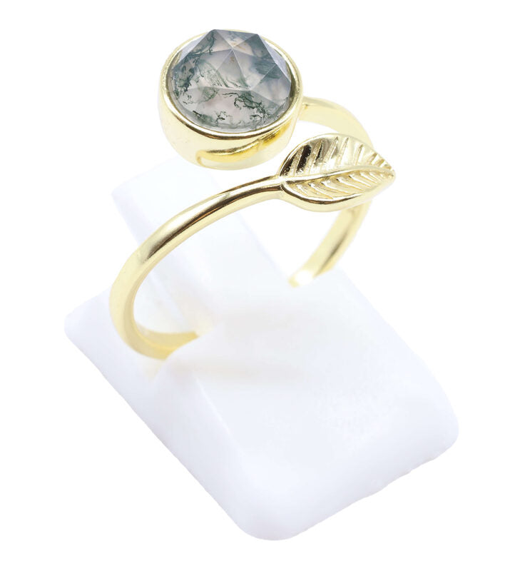Bague Argent 925 'Feuille d'Or' - Agate Mousse