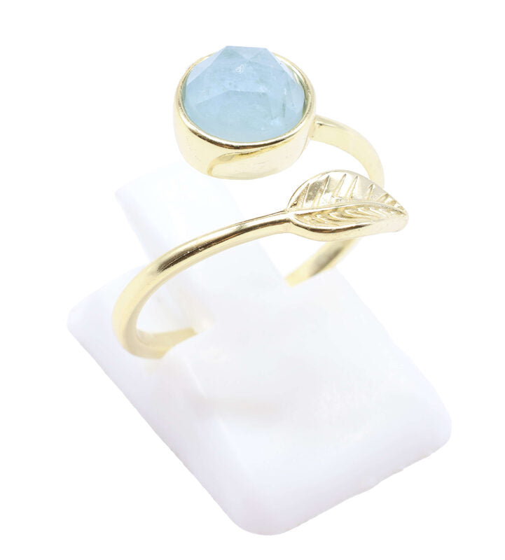 Bague Argent 925 'Feuille d'Or' — Plaqué Or — Aigue Marine