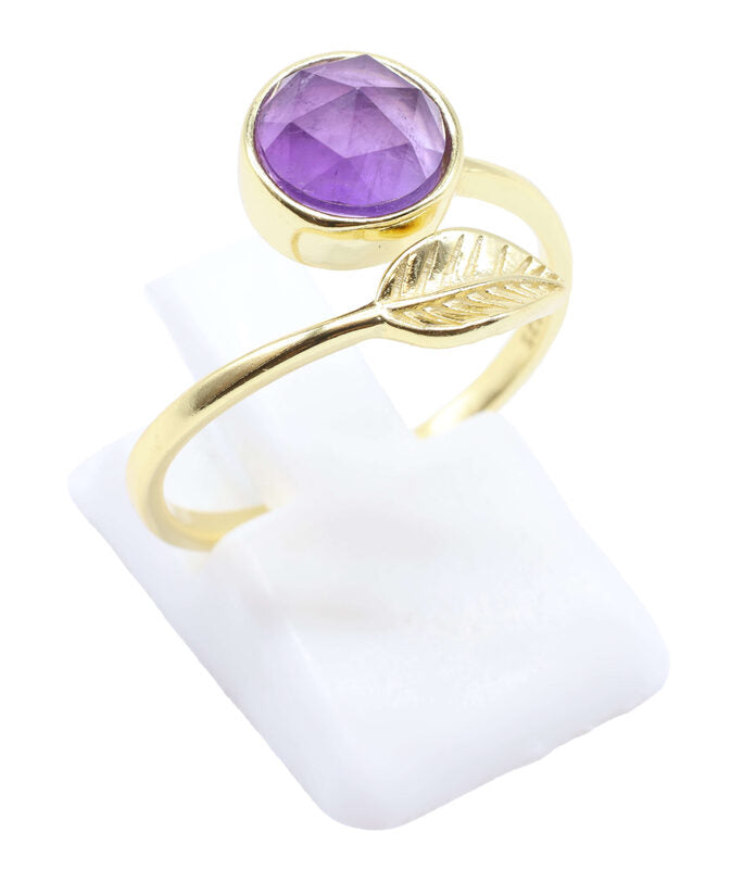 Bague Argent 925 'Feuille d'Or' — Plaqué Or — Améthyste