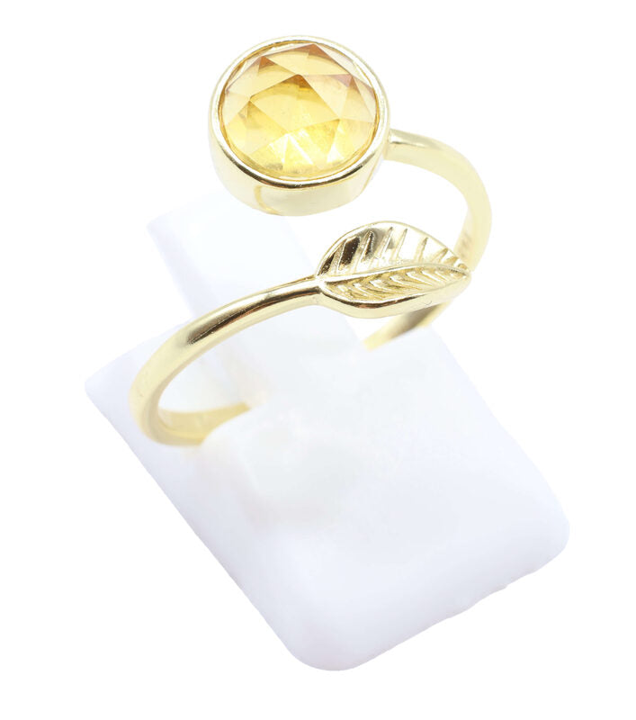 Bague Argent 925 'Feuille d'Or' — Plaqué Or — Citrine