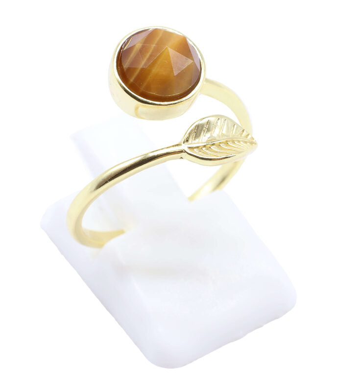 Bague Argent 925 'Feuille d'Or' — Plaqué Or — Oeil de Tigre