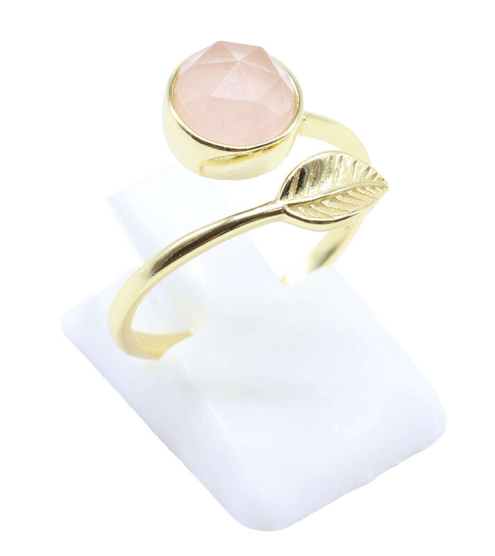 Bague Argent 925 'Feuille d'Or' - Quartz Rose