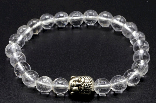 Bracelet Cristal de Roche & Bouddha perles 8mm