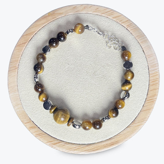 Bracelet En Oeil De Tigre Avec Apprets Argentés + Fermoir En Argent