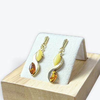 Magnifique boucles pendante avec 8 ambre au total - Argent 925 plaqué or (Vermeil)