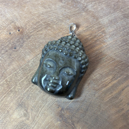 Pendentif Tête de Boudhaa en Obsidienne Dorée