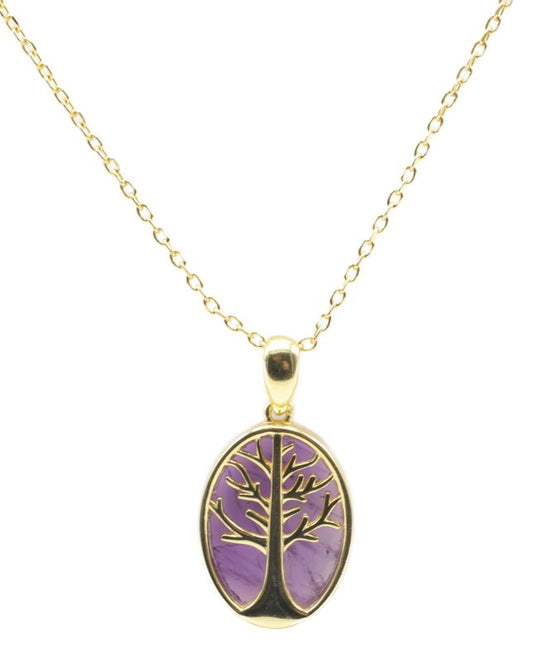 Collier Argent 925 Améthyste & Arbre de Vie — Plaqué Or