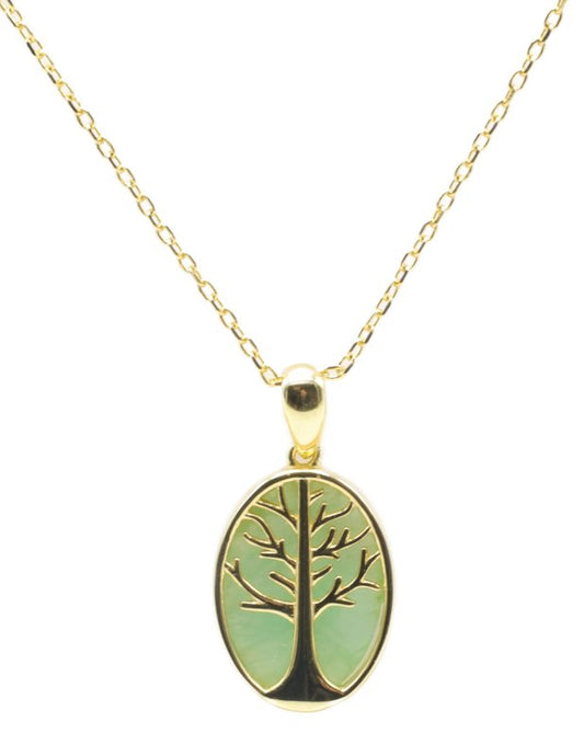 Collier Argent 925 Jade Verte & Arbre de Vie — Plaqué Or