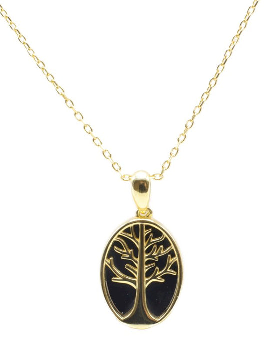 Collier Argent 925 Onyx & Arbre de Vie — Plaqué Or