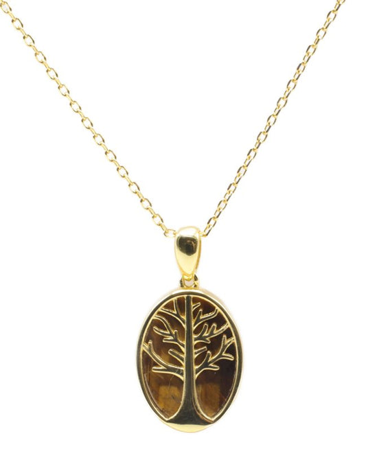 Collier Argent 925 Oeil de Tigre & Arbre de Vie — Plaqué Or