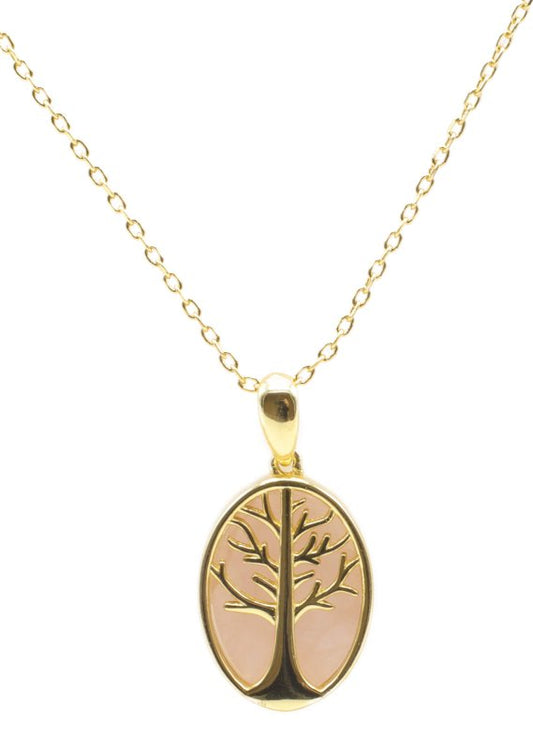 Collier Argent 925 Quartz Rose & Arbre de Vie — Plaqué Or