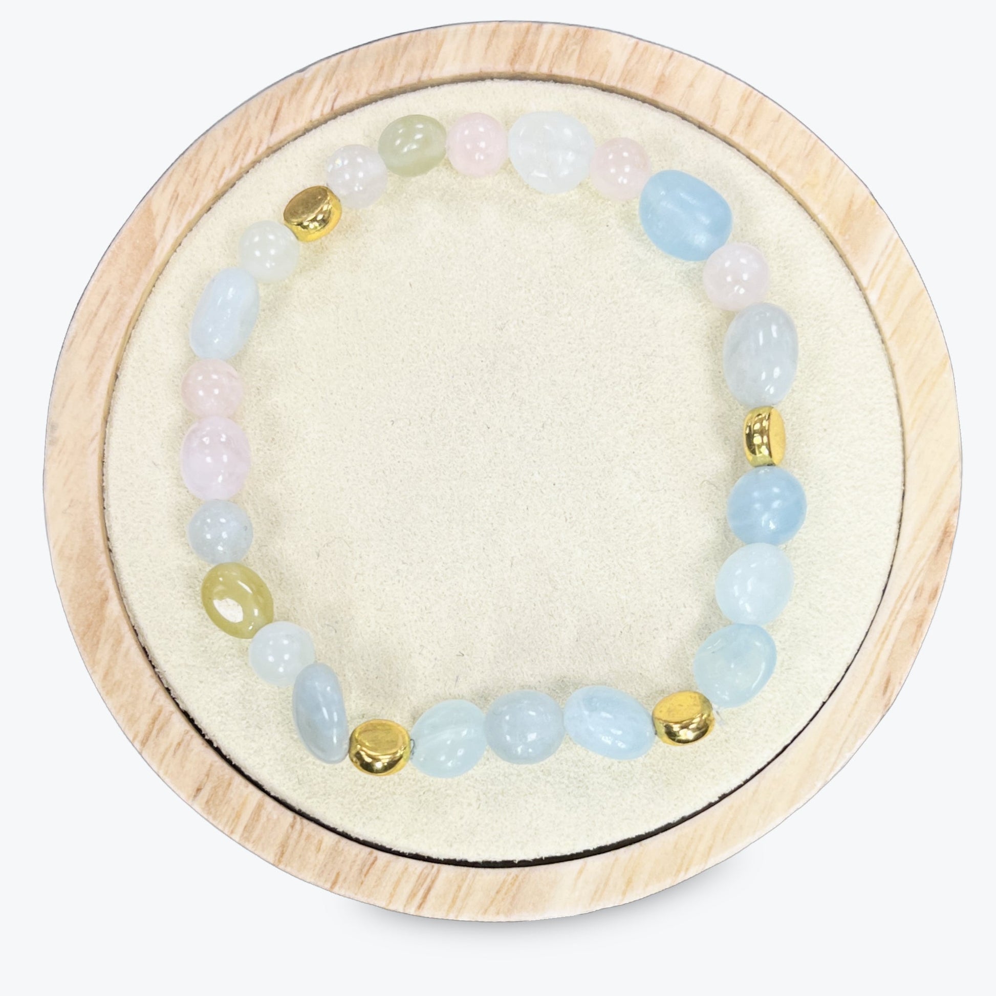 Bracelet En Morganite Et Perles Plates Dorées