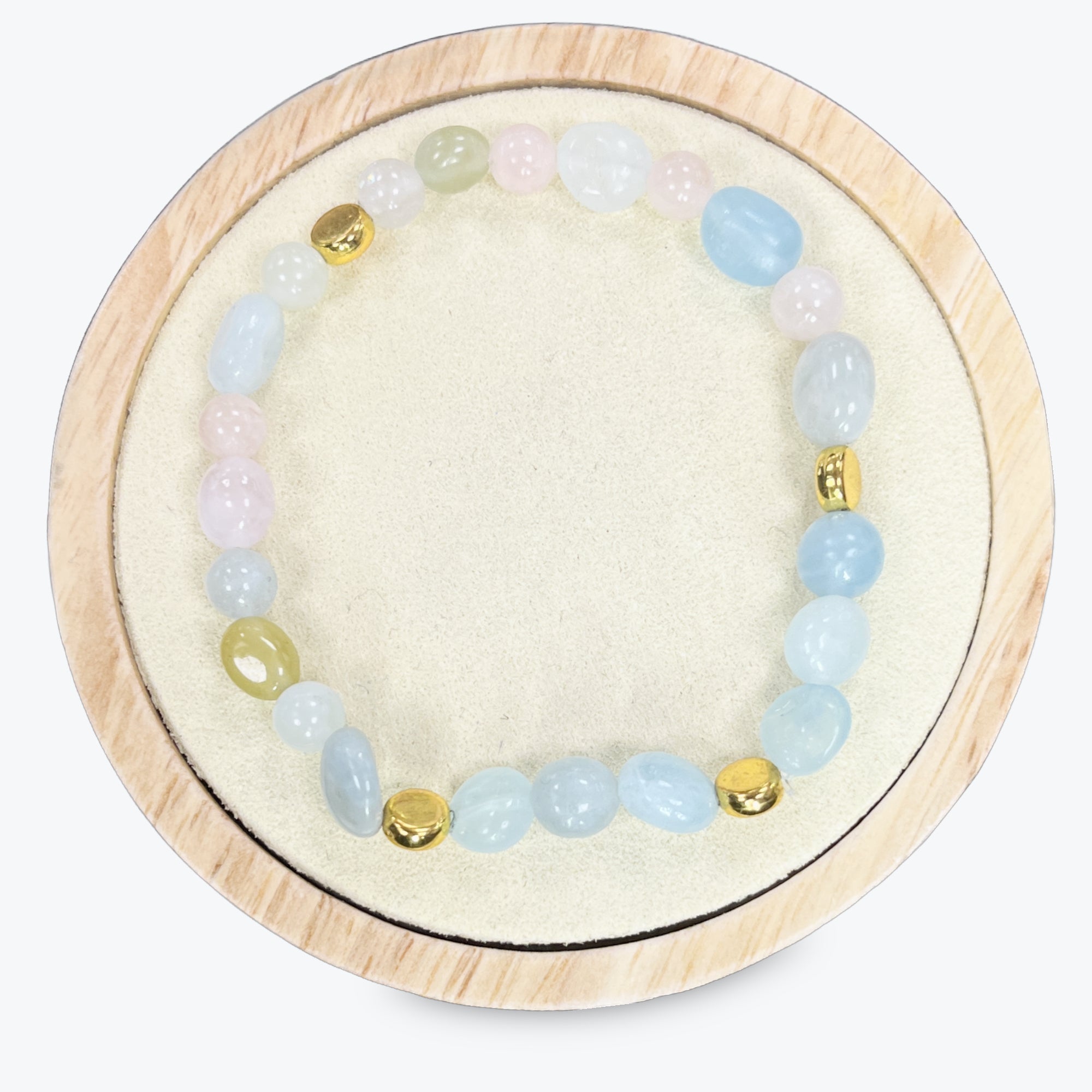 Bracelet En Morganite Et Perles Plates Dorées