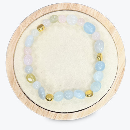 Bracelet En Morganite Et Perles Plates Dorées