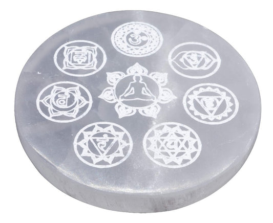 Plaque Sélénite Bouddha 7 Chakras 10cm