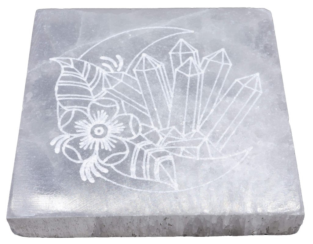 Plaque Sélénite Lune & Minéraux 10cm