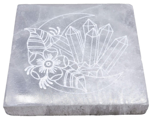 Plaque Sélénite Lune & Minéraux 10cm