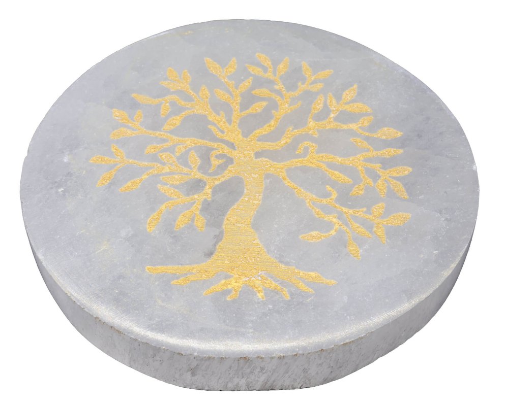 Plaque Sélénite Arbre de Vie doré 10cm