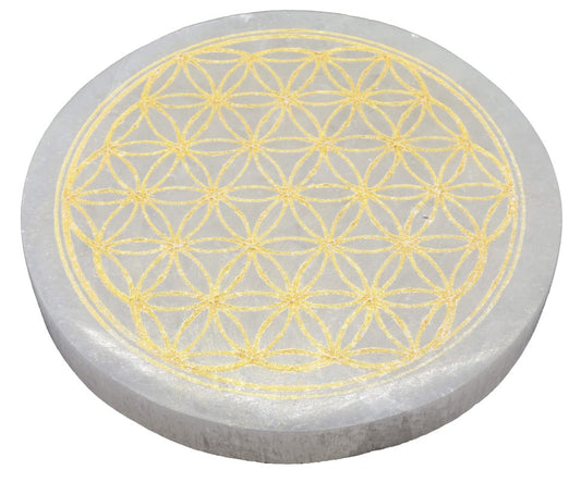 Plaque Sélénite Fleur de Vie Dorée 10cm
