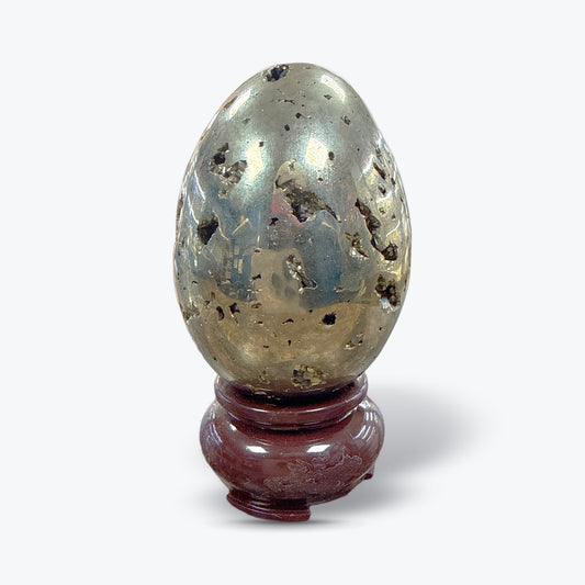 Œuf Poli en Pyrite Naturelle du Pérou – Doré Métallique, Cavités Cristallisées - Pièce unique | 244gr - 6x4cm