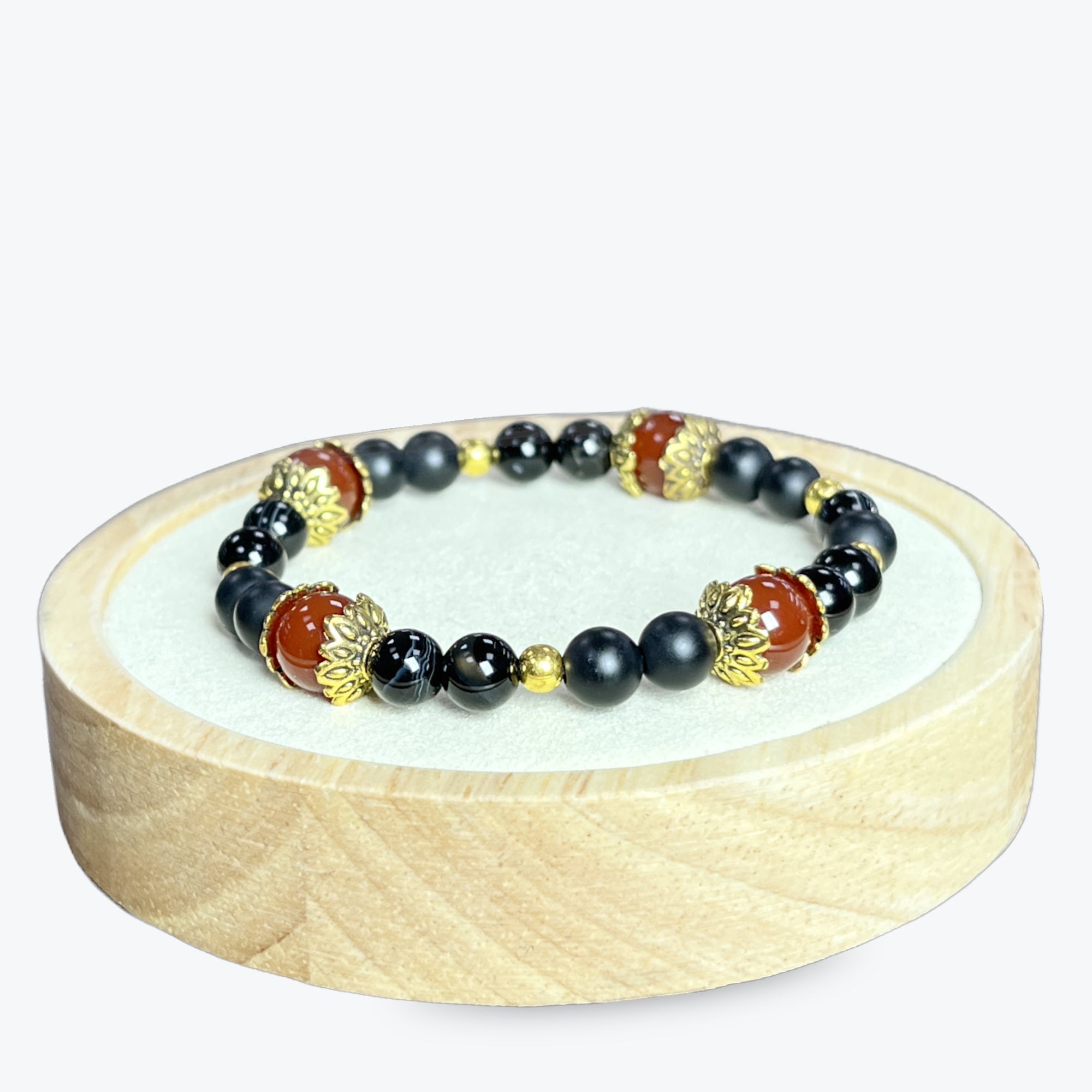 Bracelet En Onix Perles Mates Et Brillantes + Perles Fantaisies Et Apprets Dorés