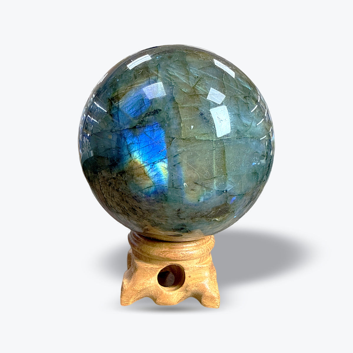 Sphère en Labradorite Naturelle polie sur socle bois – 5 à 8,5 cm – Madagascar - Pièce unique