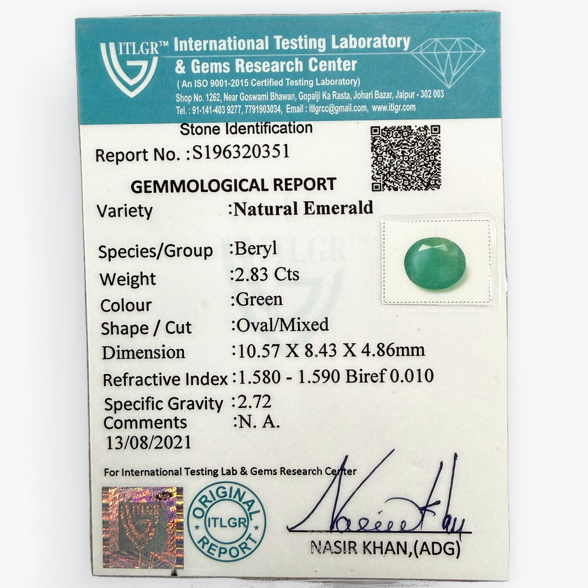 Gemme Émeraude Ovale 2,83 Carats