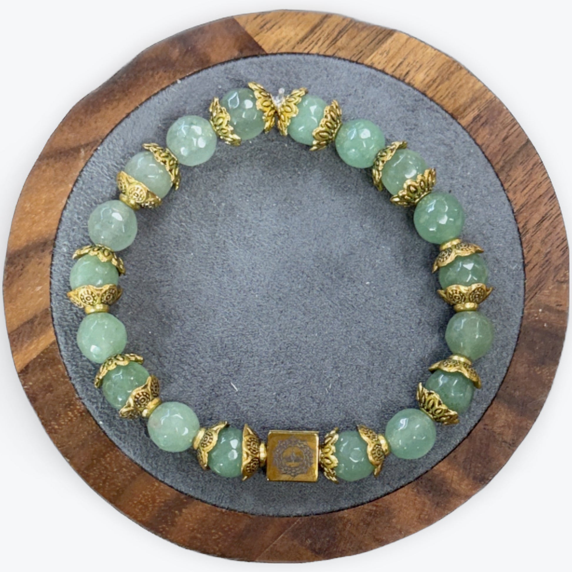 Bracelet Aventurine Verte Facetté avec Décors Dorée