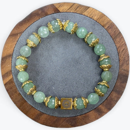 Bracelet Aventurine Verte Facetté avec Décors Dorée