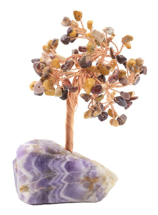Arbre du Bonheur Jaspe Mokaïte base Améthyste 14cm