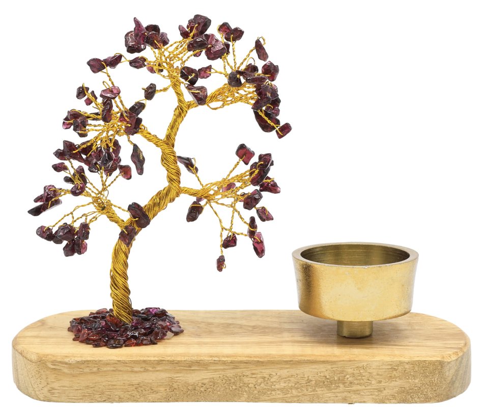 Arbre du Bonheur Grenat + Bougeoir 17cm
