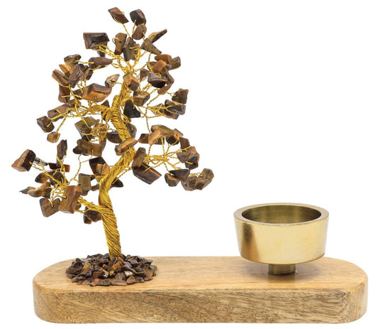 Arbre du Bonheur Œil de Tigre + Bougeoir 17cm