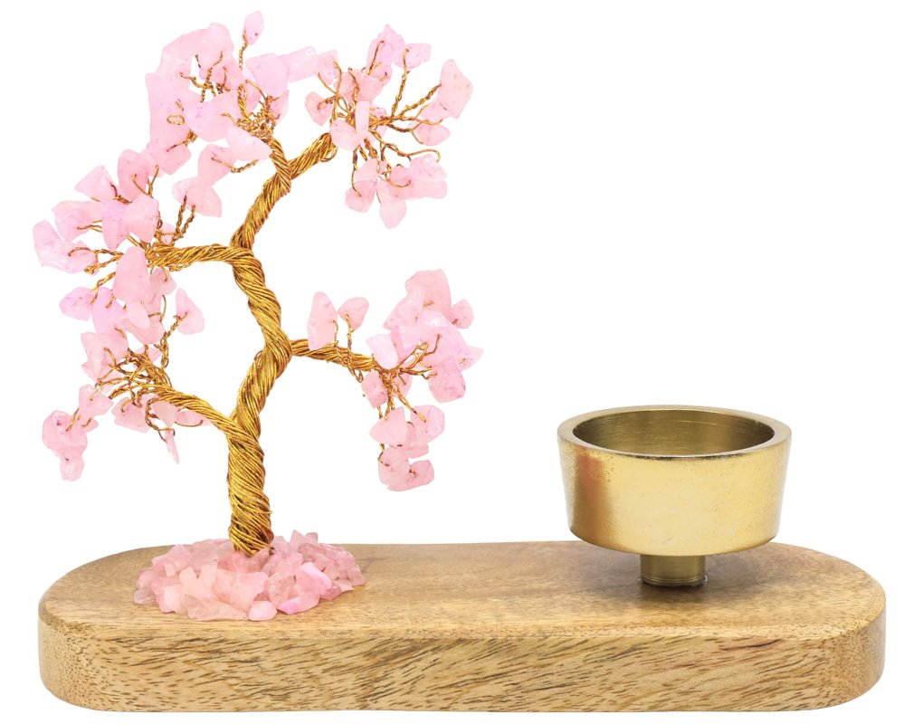 Arbre du Bonheur Quartz Rose + Bougeoir 17cm