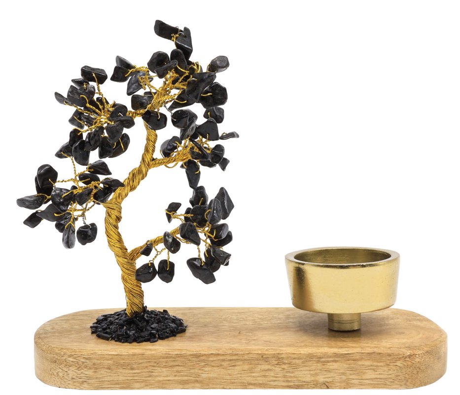 Arbre du Bonheur Tourmaline Noire + Bougeoir 17cm