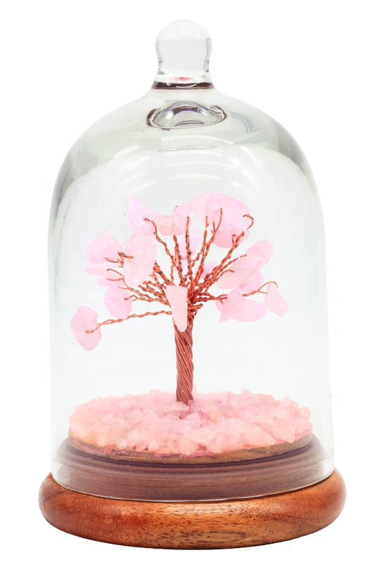 Arbre du Bonheur Quartz Rose sous cloche 12cm