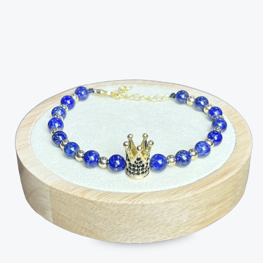 Bracelet En Lapis-lazuli Couronne Dorée + Fermoir